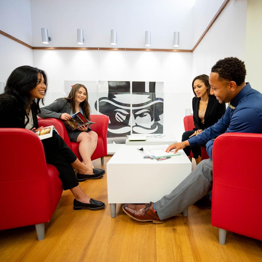 Student in lobby talking 