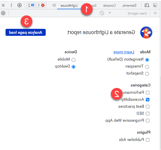 选择Lighthouse，确保可访问性被选中，然后选择“分析页面加载”."